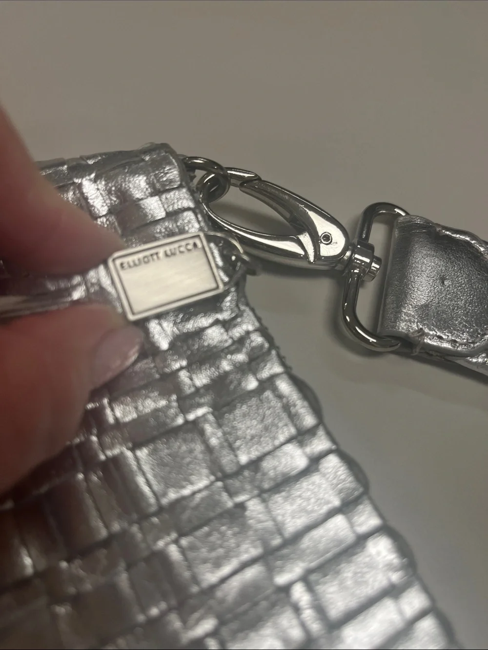 Elliott Lucca Silver Woven Metallic Clutch wTassel Removable Strap